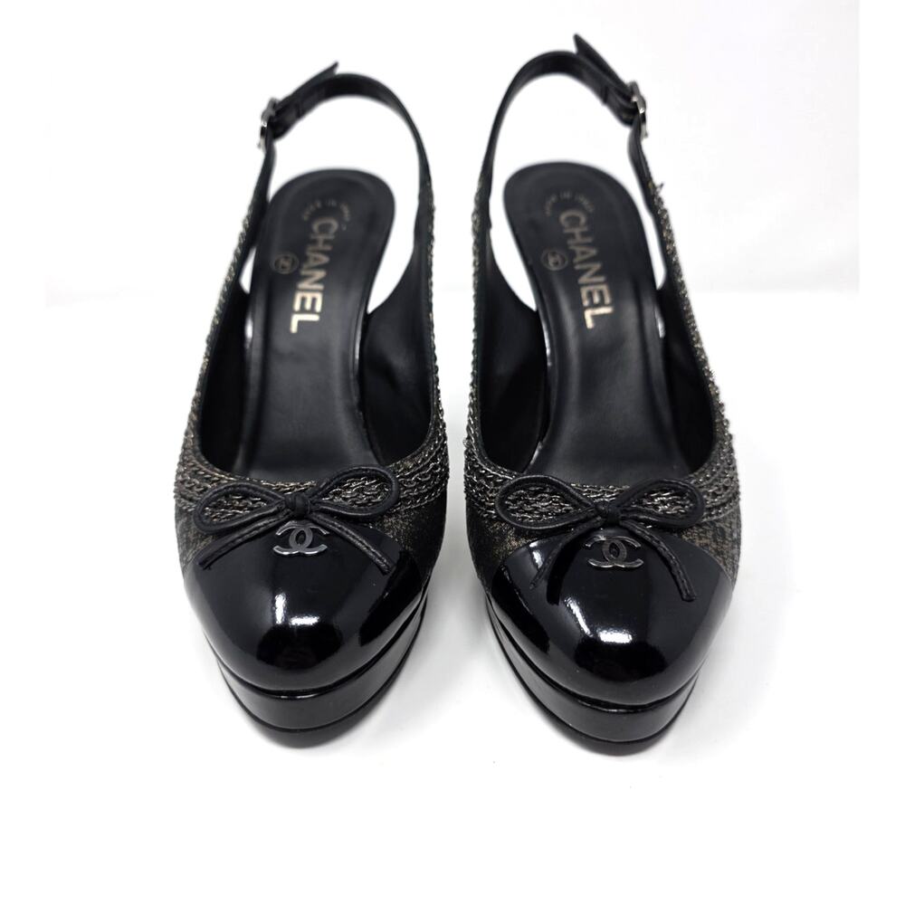 Chanel Slingback Platform Vintage Heels Cap Toe CC Logo Bow Chain Black 36.5 6 - Picture 4 of 10